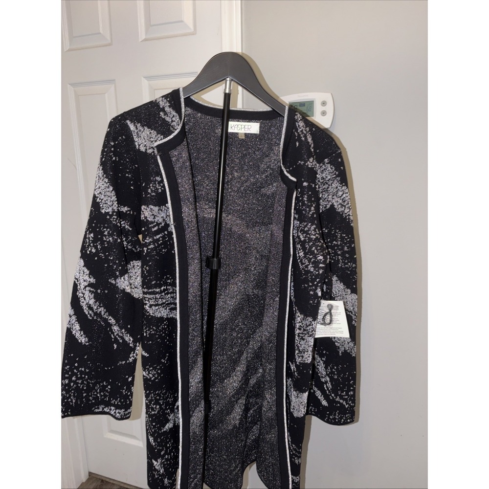 NWT Kasper‎ Womens Black Silver Metallic Foil Print Cardigan Sweater Size L